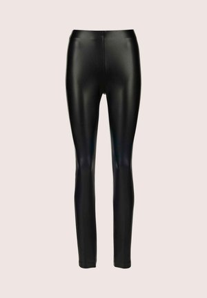 Hoch geschnittene schwarze Leggings aus Kunstleder mit glatter, glänzender Textur, enganliegendem Design und ohne sichtbare Nähte oder Hardware-Details.