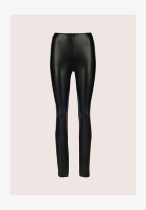 Hoch geschnittene schwarze Leggings aus Kunstleder mit glatter, glänzender Textur, enganliegendem Design und ohne sichtbare Nähte oder Hardware-Details.