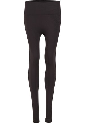 Zwarte legging met een hoge tailleband, gemaakt van rekbare stof, met een gladde textuur en een aansluitende pasvorm, ontworpen voor comfort.