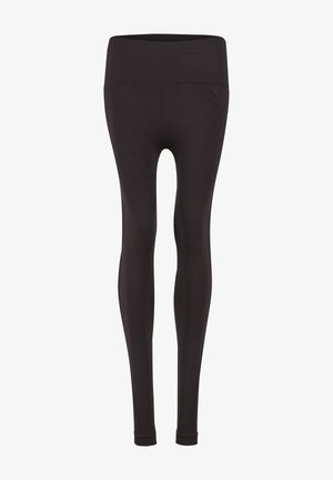 Crne tajice s visokim pojasom, izrađene od rastezljivog materijala, s glatkom teksturom i prilagođenim siluetom, dizajnirane za udobnost.