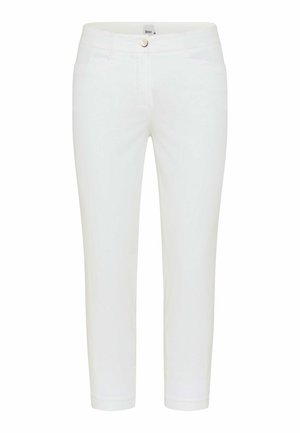 Hvide slanke, cropped bukser med bæltestropper, forreste knap- og lynlås lukning samt to forlommer.
