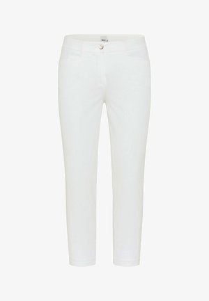 Pantalon blanc slim fit court avec passants de ceinture, fermeture bouton et zip à l'avant, et deux poches avant.