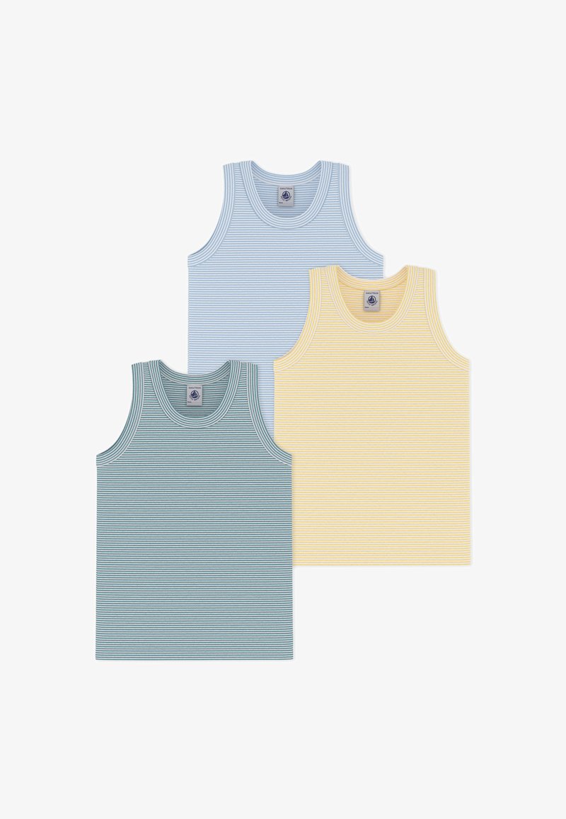 Σετ από τρία ριγέ αμάνικα μπλουζάκια σε ανοιχτό γαλάζιο, πράσινο και κίτρινο. Διαθέτουν ριμπ λαιμόκοψη και μαλακό, ελαφρύ ύφασμα για άνεση.