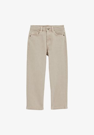 Bež kavbojske hlače z ravnim krojem, z sprednjimi žepi, zadrgo in nežno teksturo. Preprost dizajn brez vidnih vzorcev.