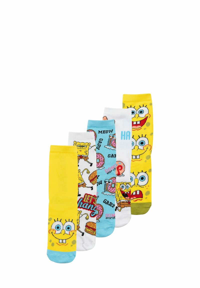  cinque paia di calzini con vivaci fantasie di SpongeBob SquarePants. I materiali sono in misto cotone; i colori includono giallo, blu e bianco.