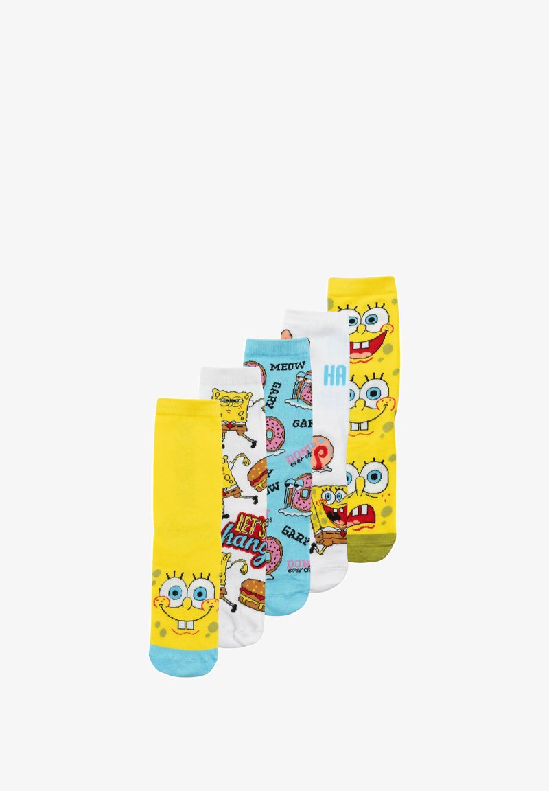 cinque paia di calzini con vivaci fantasie di SpongeBob SquarePants. I materiali sono in misto cotone; i colori includono giallo, blu e bianco.