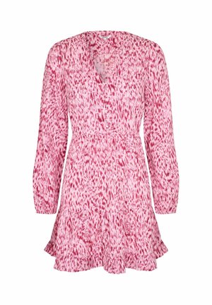 Rochie cu mâneci lungi, model în nuanțe de roz și roșu, cu decolteu în V, nasturi în față, talie ajustată și tiv cu volane.