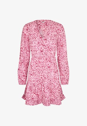 Vestido de manga larga con estampado rosa y rojo, escote en V, cierre de botones en la parte delantera, cintura entallada y bajo con volantes.