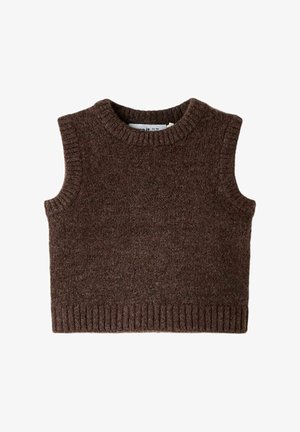 Ærmeløs brun strikket uldvest med ribbet rund halsudskæring, armhuller og kant, præsenteret på hvid baggrund.