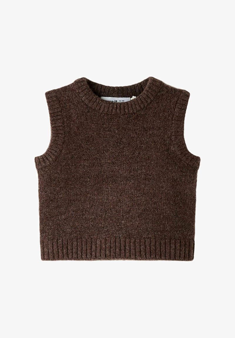 Ärmelloser brauner gestrickter Wollpullover mit geripptem Rundhalsauschnitt, Armausschnitten und Saum, auf weißem Hintergrund präsentiert.