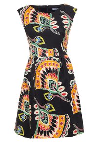 Musta mekko, jossa on kukkakuosi punaisilla, vihreillä, sinisillä ja keltaisilla väreillä. Lyhyet hihat ja tiukka yläosa, jossa on leveä hame. Vetoketjukiinnitys selässä.