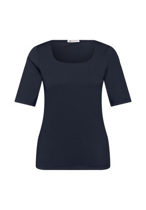 Zwart getailleerd shirt met korte mouwen, een vierkante halslijn en een label aan de binnenkant van de achterkraag.