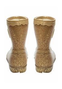 Para brązowych i złotych kaloszy w cętki z ozdobnym falbaniastym wykończeniem, widocznych od tyłu.