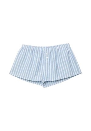 Boxer en coton à rayures bleu clair et blanches avec ceinture élastique et deux boutons à l'avant, présenté sur un fond blanc.