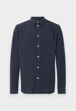 Dark navy long-sleeve button-up shirt with white buttons and a pointed collar, displayed on a plain light background.