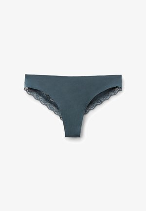 Dark teal thong with a smooth fabric texture and scalloped lace trim along the edges, featuring a simple, minimalistic design.