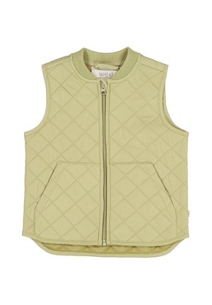 Lysegrøn, quiltet, ærmeløs vest med frontlynlås og to lommer, ribbet krave og rundet kant.