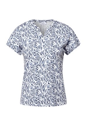 Krótki rękaw w białym kolorze z granatowym wzorem liści, z dekoltem w kształcie litery V i guzikami z przodu. Wykonany z lekkiego materiału.