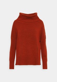 Morbido maglione lavorato a maglia di un ricco rosso, con un collo a sorpresa alto e costolato e polsini aderenti. Presenta una vestibilità comoda e una texture solida.