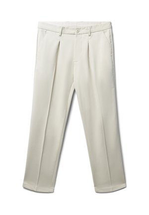 Falt-Hose aus leicht beigem Stoff, mit zwei vorderen Taschen und einem Einzelknopfverschluss, geradem Beinverlauf und glatter Textur.