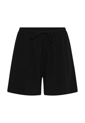 Zwarte casual korte broek met een elastische tailleband en een strikkoord aan de voorkant, weergegeven op een effen witte achtergrond.