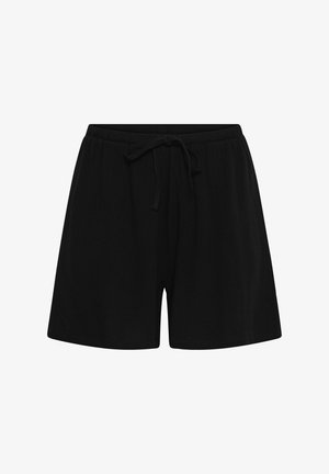 Zwarte casual korte broek met een elastische tailleband en een strikkoord aan de voorkant, weergegeven op een effen witte achtergrond.