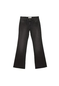 Jeans neri a campana realizzati in denim, con vita media, design a cinque tasche e finitura pulita sui orli.