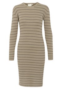 Robe en maille côtelée beige avec des rayures horizontales noires, manches longues, col rond et silhouette ajustée. Texture lisse.