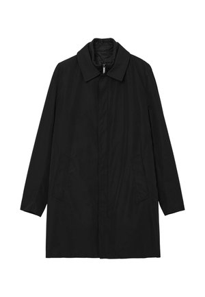 Cappotto trench nero con collo, maniche lunghe e due tasche laterali. Tessuto liscio e opaco senza motivi o hardware visibile.