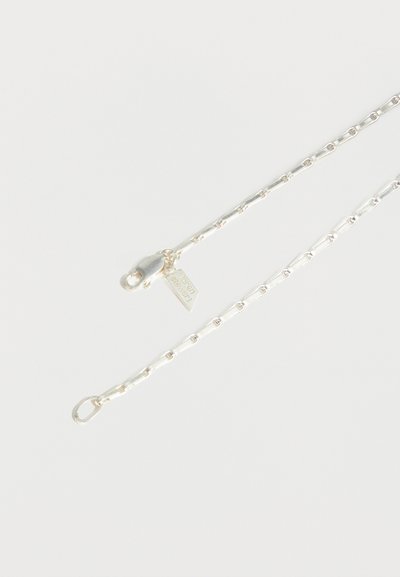 Ασημένιο κολιέ με αλυσίδα με μακριά συνδέσμους και κούμπωμα τύπου «καβουράκι», με ένα μικρό ορθογώνιο πλακίδιο κοντά στο κούμπωμα.