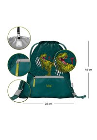 Batoh na šňůrku v tmavě zelené barvě s texturovaným povrchem; má design T-Rexe, kapsu na zip a nastavitelné popruhy. Rozměry: 46 cm x 36 cm.