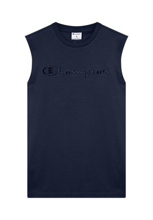 T-shirt sans manches bleu marine avec col rond, brodé du logo « Champion » sur la poitrine en fil bleu marine assorti.