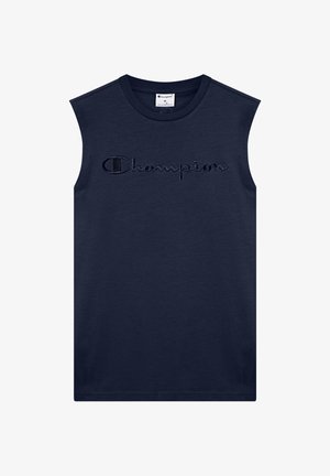 Marineblauw mouwloos shirt met ronde hals en geborduurd "Champion"-logo over de borst in bijpassende marineblauwe draad.