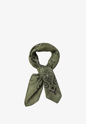 Sciarpa verde oliva con motivo paisley in bianco e nero. Il tessuto appare morbido con una texture liscia. Stile annodato.