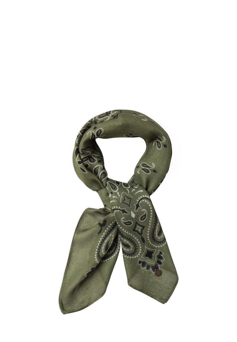 Sciarpa verde oliva con motivo paisley in bianco e nero. Il tessuto appare morbido con una texture liscia. Stile annodato.
