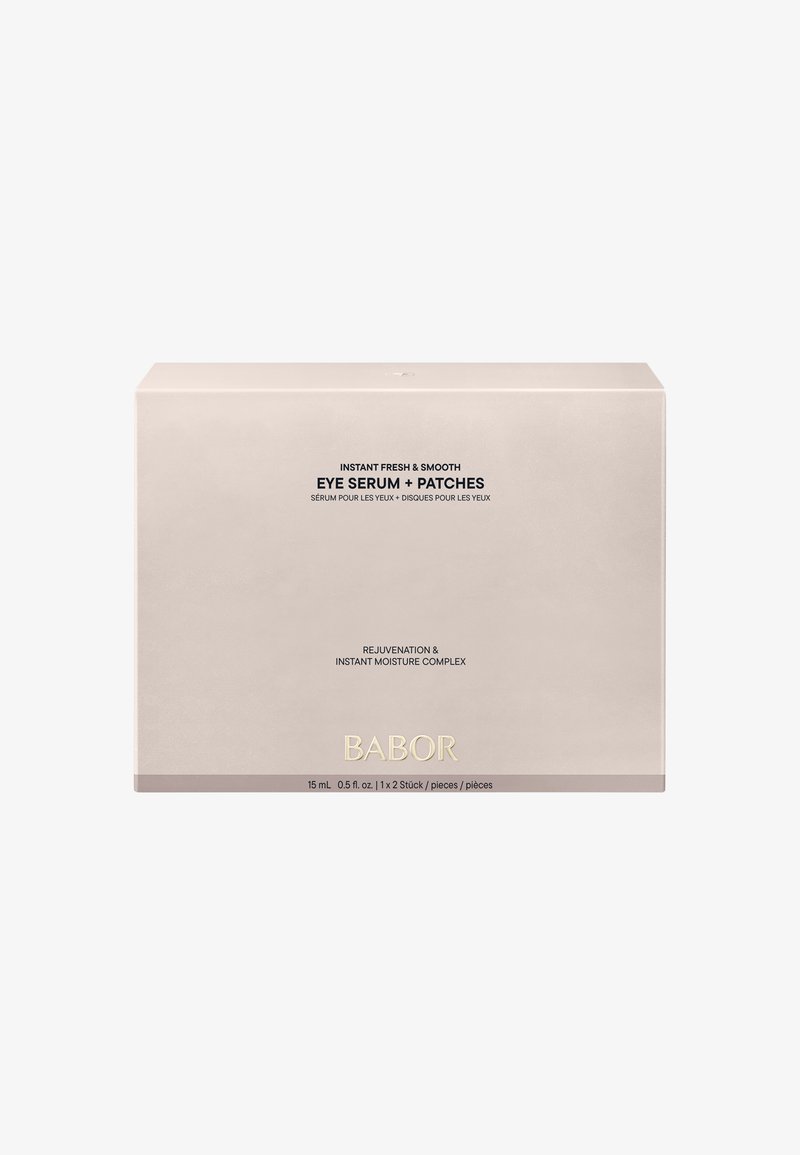 Boîte de sérum pour les yeux et de patches Babor, rose doux avec une texture mate, comportant un texte noir et or, indiquant un complexe de rajeunissement et d'hydratation.
