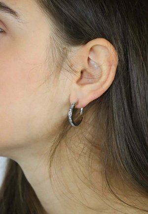 Orecchino a cerchio in argento con un design curvo, caratterizzato da una fila di piccole gemme chiare lungo il bordo esterno.