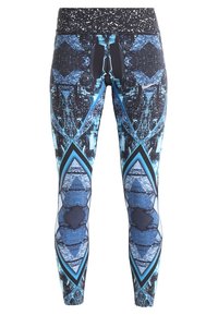 Leggings blu e neri con motivi geometrici, dotati di una vita alta e accenti a contrasto in turchese. Realizzati in materiale elasticizzato.