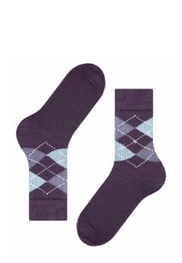 Fioletowe skarpetki bawełniane w diamentowy wzór w jasnoniebieskim i szarym kolorze, z teksturowanym mankietem i gładkim wykończeniem.