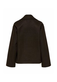 Veste marron foncé à manches longues avec un large col, vue de dos sur fond blanc.