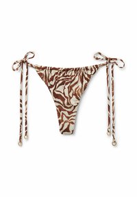 Bikiniunterteil mit Zebramuster in Creme und Braun. Verfügt über seitliche Bindebänder mit goldenen Beschlägen und einen gerafften Bund für eine verstellbare Passform.