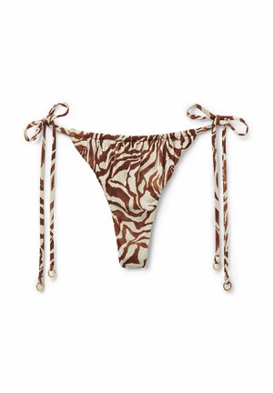 Zebra-print bikini bottom in cream and brown. Features tie sides with gold hardware and a gathered waistband for adjustable fit.