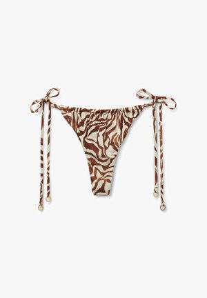 Bikiniunterteil mit Zebramuster in Creme und Braun. Verfügt über seitliche Bindebänder mit goldenen Beschlägen und einen gerafften Bund für eine verstellbare Passform.