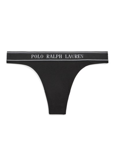 Melnās string bikses, izgatavotas no mīksta auduma, ar plata jostasvietu, uz kuras baltā krāsā ir izdrukāts "POLO RALPH LAUREN". Minimalistiska dizaina.
