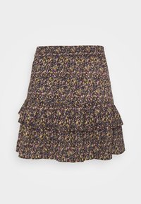 Schwarzer Rock mit einem floralen Muster in Lila, Gelb und Grün. Verfügt über ein geschichtetes Rüschendesign und einen elastischen Bund.