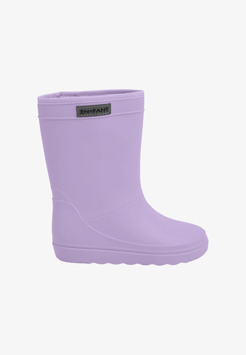 Lila Gummistiefel mit strukturiertem oberen Rand und kleinem Markenetikett. Glatte Oberfläche und abgerundete Zehenpartie. Flache Sohle mit Profil.