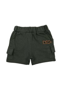 Shorts en coton vert foncé avec une taille élastique, deux poches latérales et une poche cargo, ornés d'un logo brodé orange.