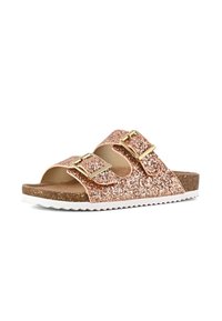 Sandales à glissière en rose gold pailleté avec deux boucles dorées, semelle en liège et semelle en caoutchouc blanc avec un motif en zigzag.