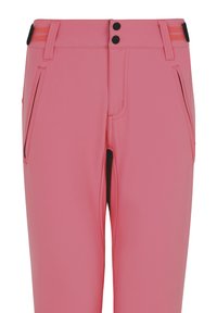 Roze broek met twee frontzakken, dubbele knoopsluiting en subtiele zijaccenten. Gemaakt van een soepele, elastische stof met een slim fit.