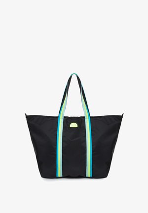 Sac fourre-tout noir avec deux poignées rayées vibrantes en bleu et en vert et un petit logo sur le devant. Fabriqué en tissu léger et résistant.